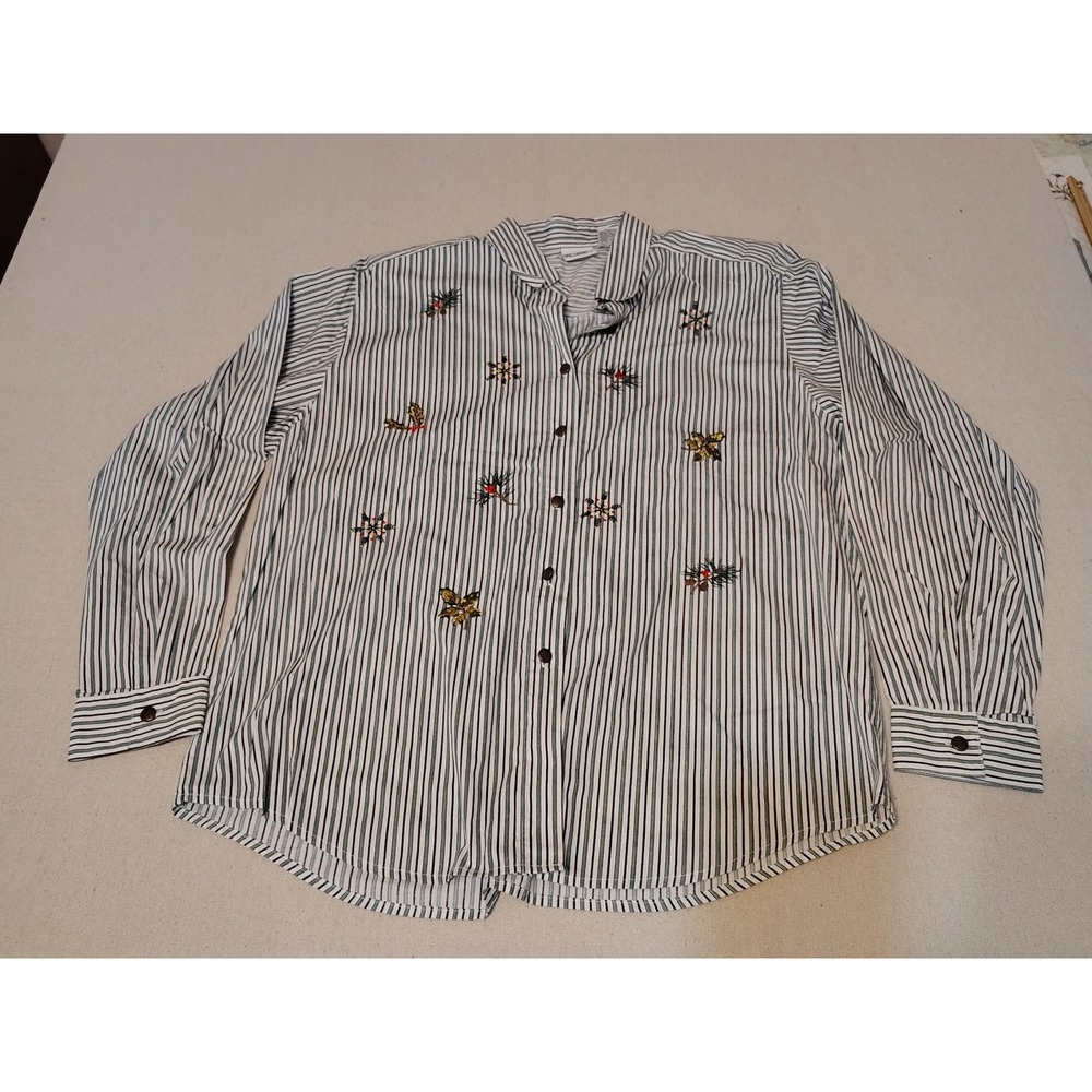 Grannycore Striped Button Down Shirt Embroidered Winter Nature Motif XL OO
